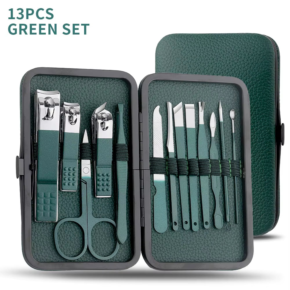 Green 7/13/24 Pcs Stainless Steel Nail Cutter and Pedicure Scissors Set - Portable Manicure and Pedicure Tool Nail Clipper Set