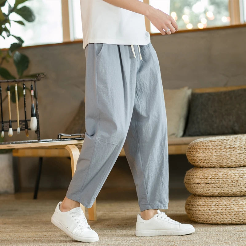 Men'S Trousers Cotton Linen Fashion Casual Pants Solid Color Breathable Loose Shorts Straight Drawstring Pants Streetwear Men