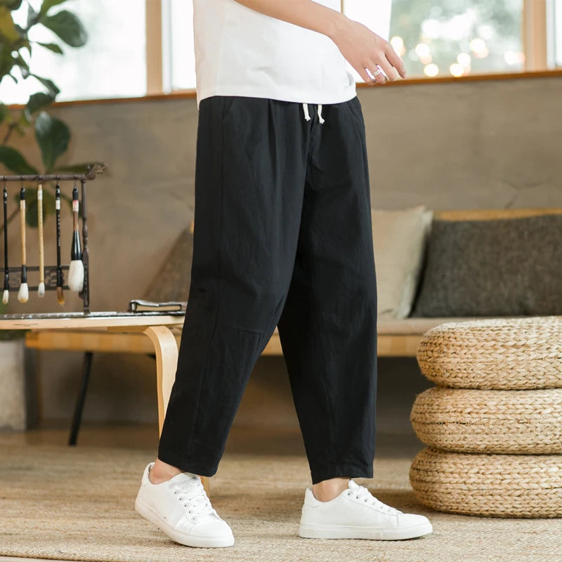 Men'S Trousers Cotton Linen Fashion Casual Pants Solid Color Breathable Loose Shorts Straight Drawstring Pants Streetwear Men