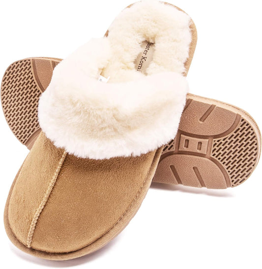 Women's Faux Fur Scuff Slippers with Anti-Skid Rubber Sole for Indoor and Outdoor Use (Camel, Small)