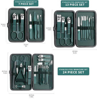 Green 7/13/24 Pcs Stainless Steel Nail Cutter and Pedicure Scissors Set - Portable Manicure and Pedicure Tool Nail Clipper Set