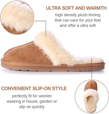 Women's Faux Fur Scuff Slippers with Anti-Skid Rubber Sole for Indoor and Outdoor Use (Camel, Small)