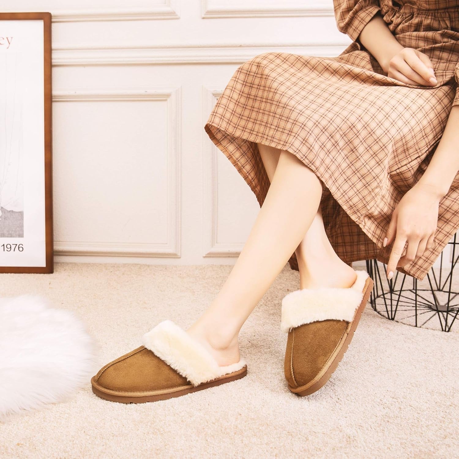 Women's Faux Fur Scuff Slippers with Anti-Skid Rubber Sole for Indoor and Outdoor Use (Camel, Small)